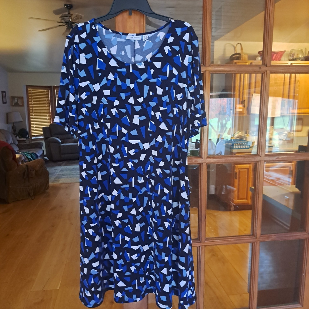 Susan Graver Geometric Blue and Black Midi Dress
